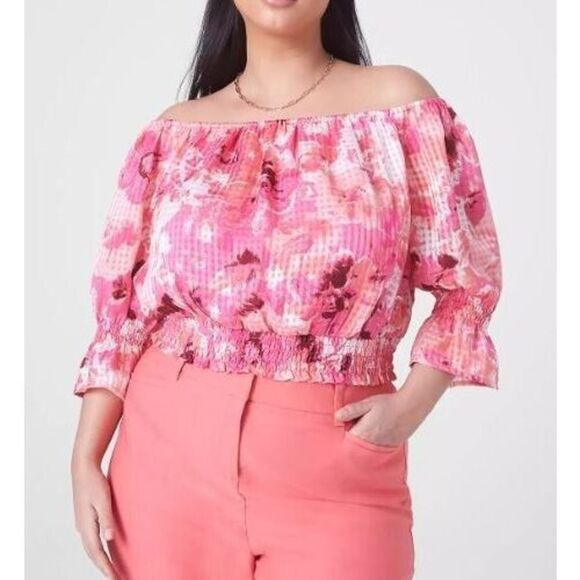 Lane Bryant Women Sz 14/16 Pink Floral Crop Off-The-Shoulder Chiffon Blouse $70 - Picture 8 of 9